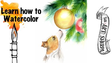 How to Watercolor A Sweet Dog and Christmas tree