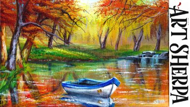AUTUMN LAKE BOAT Beginners Learn to paint Acrylic Tutorial Step by Step