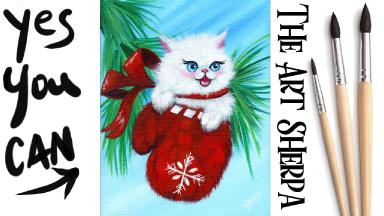 Easy Vintage Christmas Kitten in a Mitten Beginners Learn to paint Acrylic Tutorial Step by Step