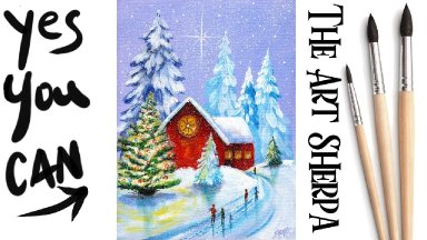 Winter Christmas Landscape with Red Barn Glowing Tree Beginners Acrylic Tutorial Step by Step