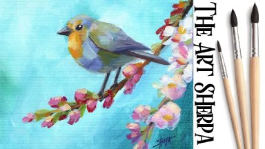 Blue Robin Bird on a Branch with flowers  Beginners Learn to paint Acrylic Tutorial Step by Step