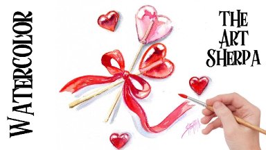 Heart Candles Ribbons a  Valentine Easy How to Paint Watercolor Step by step | The Art Sherpa