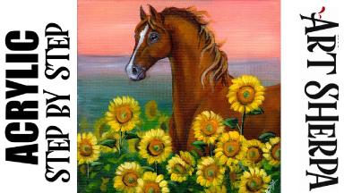 HORSE  in SUNFLOWERS 🐴 🌼🐴 realistic Acrylic painting Tutorial Step by Step   #AcrylicTutorial