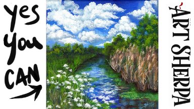 Green Summer Landscape Reflections in Stream  Acrylic painting Tutorial step by step