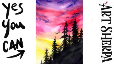 Sunset With tree silhouette Easy How to Paint Watercolor Step by step | The Art Sherpa