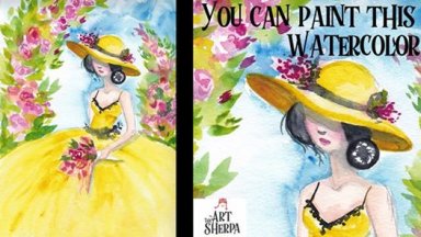 How to Watercolor a Belle Sherpa Girl in a yellow dress with Roses on Paper for beginners