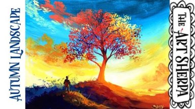 Easy Autumn Sunset  Landscape with fall  tree Acrylic painting tutorial step by step 
