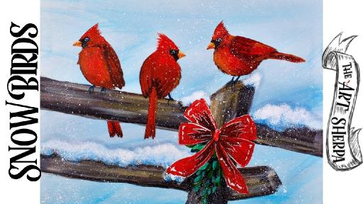 Cardinals On Fence In Winter Red Bow Acrylic Painting Step By Step