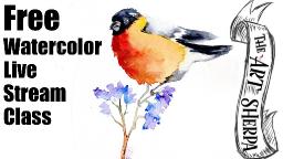 Live streaming watercolor class Funny Fall Bird on Twig | TheArtSherpa