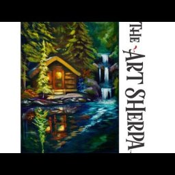 How to paint a Cabin by a Lake waterfall and reflection in Acrylic Paint