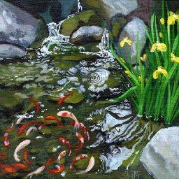 KOI POND WATERFALL Beginners Learn to paint Acrylic Tutorial Step by Step Day  13 #AcrylicApril2021