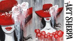 RED FLOPPY HAT RED ROSES GIRL Beginners Acrylic Painting Tutorial Step by Step