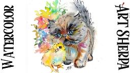 Line and Wash Kitten and Baby Chick Easy How to Paint Watercolor Step by step | The Art Sherpa