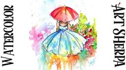  Line and Wash Umbrella Girl Garden Easy How to Paint Watercolor Step by step | The Art Sherpa