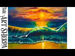 How to paint a Tropical beach Wave at Sunset Beginner Acrylic Painting