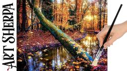 Autumn Forest Sunset Stream Fallen Tree Beginners Learn to paint Acrylic Tutorial Step by Step