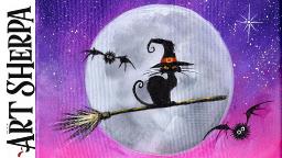 Witch cat on a Broom acrylic painting Beginners Learn to paint Acrylic Tutorial Step by Step