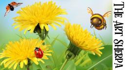 Acrylic Tutorial Step by Step Dandelion flower Ladybug Bumblebee painting | The Art Sherpa