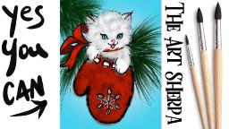 Easy Vintage Christmas Kitten in a Mitten Beginners Learn to paint Acrylic Tutorial Step by Step