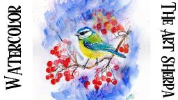 Blue Tit Bird with Berries in Snow Easy How to Paint Watercolor Step by step | The Art Sherpa