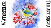 Blue Tit Bird with Berries in Snow Easy How to Paint Watercolor Step by step | The Art Sherpa