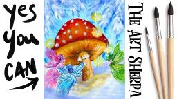 Vintage Fairy Winter Mushroom Fantasy Beginners Learn to paint Acrylic Tutorial Step by Step