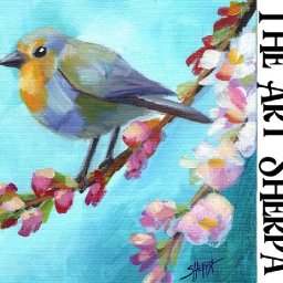 Blue Robin Bird on a Branch with flowers  Beginners Learn to paint Acrylic Tutorial Step by Step