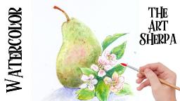 Pear with Flowers Easy How to Paint Watercolor Step by step | The Art Sherpa