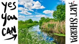Green Summer Landscape Reflections in Stream 🌺🌸🌼 Acrylic painting Tutorial step by step