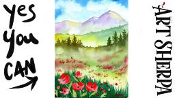 Easy Wildflower Red poppy Landscape  How to Paint Watercolor Step by step | The Art Sherpa