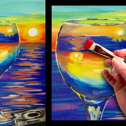 Sunset reflected in a glass easy beginner painting tutorial 🍷🌆