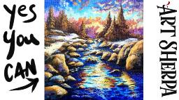 Sunset Light in a Mountain Stream Landscape  How to paint acrylics : Paint Night at Home