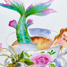 Easy How to Paint  a Mermaid in a Teacup Line and Wash Watercolor Step by step | The Art Sherpa