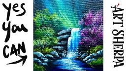 EASY Waterfall landscape 🌟🎨 How to paint acrylics for beginners: Paint Night at Home