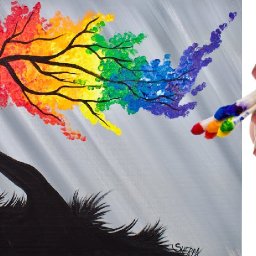 Rainbow Willow Tree Q Tip Acrylic Painting for Beginners tutorial 🌈🎨💜