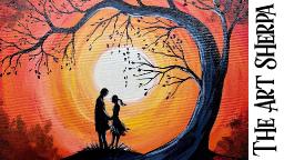 Sunset Couple in Love under a Tree  EASY FIRST painting for beginners: Paint Night at Home