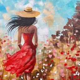 Girl in Red Dress Walking in poppies 🌟🎨 How to paint acrylics for beginners: Paint Night at Home