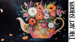 Easy Autumn Floral teapot 🌟🎨 How to paint acrylics for beginners: Paint Night at Home