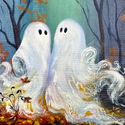 Cute Ghosts Hugging in Autumn forest  How to paint acrylics for beginners: Paint Night at Home