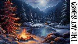 Starry Night Winter Mountain Lake Cabin with Christmas tree and FIRE   Acrylic Painting tutorial