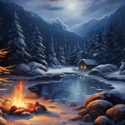 Starry Night Winter Mountain Lake Cabin with Christmas tree and FIRE   Acrylic Painting tutorial