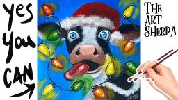 How to draw and paint an Easy Christmas Cow  acrylics for beginners: Paint Night at Home