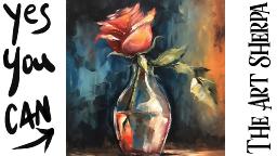 Easy Rose Rosebud in a vase  🌟🎨 How to paint acrylics for beginners: Paint Night at Home