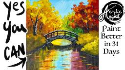 Autumn Bridge landscape  How to Draw and Paint tutorial for Beginners: Acrylic August | Day