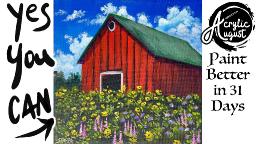 Red Barn wildflowers 🌟🎨 How to  Paint tutorial for Beginners: Acrylic August | Day 28