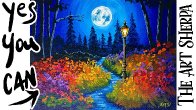 Night Forest and street lamp  How to Draw and Paint tutorial for Beginners 13 days of Halloween