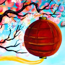 Q-tip 🎨🌷 Cherry Blossom Branch with red lantern 🎨🌷 Acrylic Painting