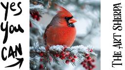 Red Cardinal in snowy pine with berries  How to Draw and Paint tutorial for Beginners