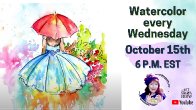 The Art Sherpa Show | Watercolor Line and Wash Umbrella Girl Garden in Rain