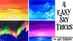 Four EASY simple Skies | Sunset | Aurora Borealis | Fluffy Clouds | YOU can paint tutorial